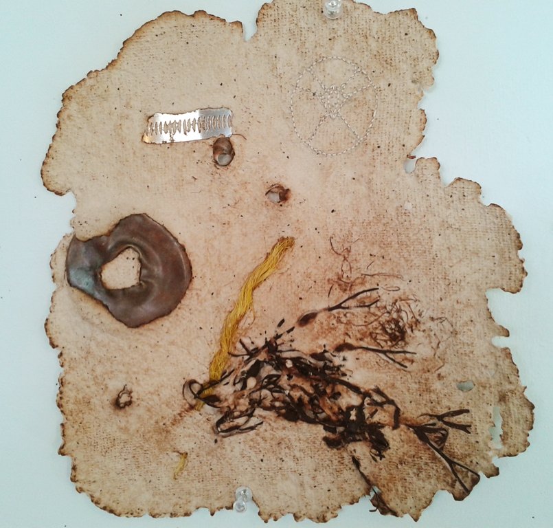 Untitled Embroidery on handmade paper, pig intestine, seaweed, shells, fish bones, found objects Variable dimensions 2014 
